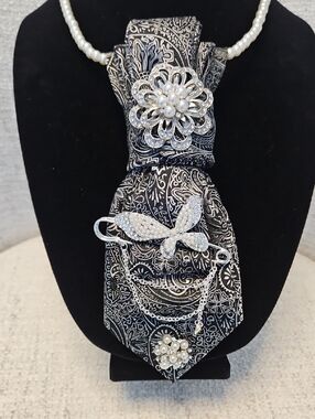 Black & Silver Necktie Necklace w/ Rhinestones & Pearl Accents & a Butterfly Pin